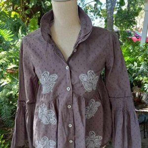 Odd Molly Cotton Top with appliqued lace detail, grey, S